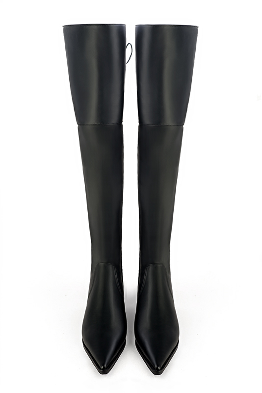 Satin black women's leather thigh-high boots. Pointed toe. Flat leather soles. Made to measure. Top view - Florence KOOIJMAN